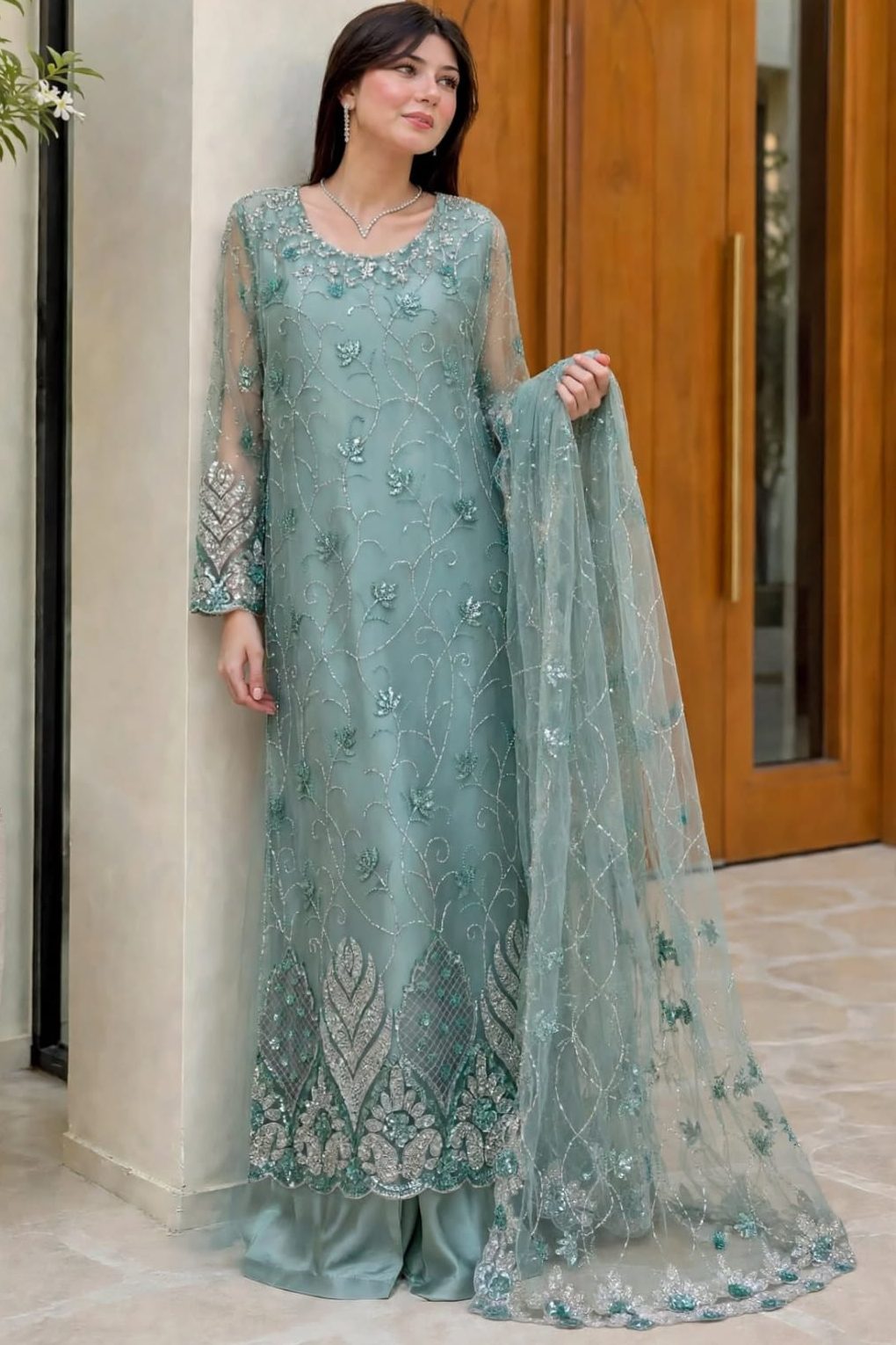 Shrenz Seagreen Soft Net Formal Cutdana Collection Replica