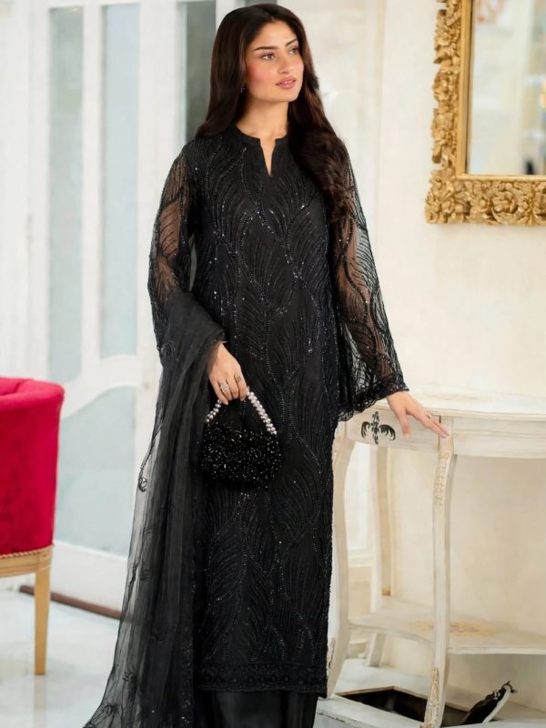 Shrenz Black Crinkle Silk Cutdana Formal Collection Replica