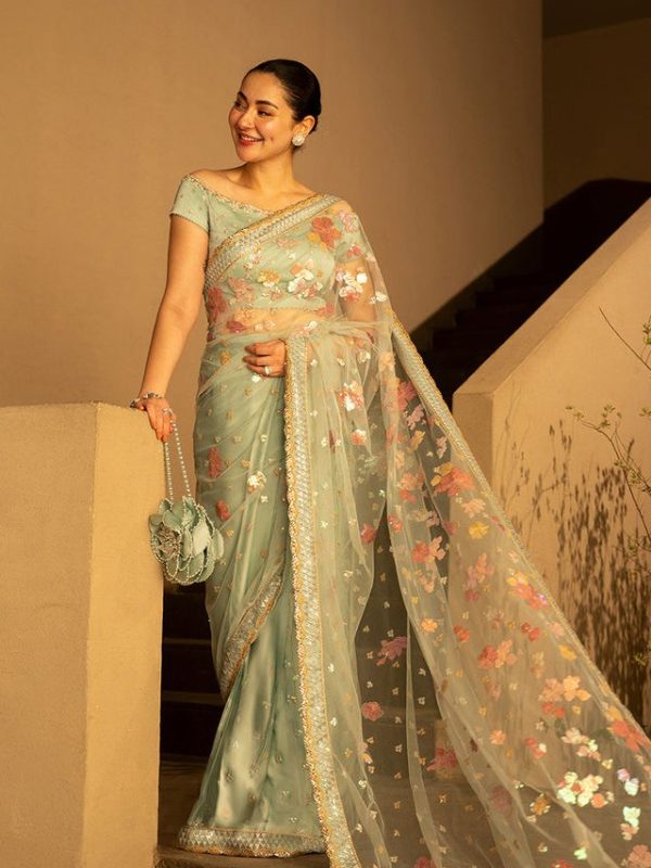 Faiza Saqlain Seagreen Net Saree Collection Replica